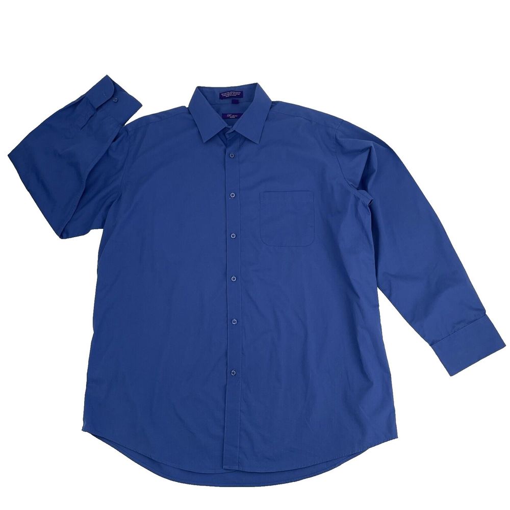 Retro Paris Mens Dress Shirt 17.5 34/35 Blue Solid Single Needle Tailoring LS